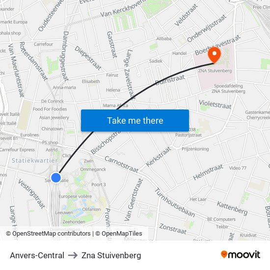 Anvers-Central to Zna Stuivenberg map