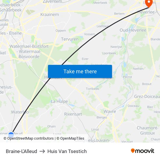 Braine-L'Alleud to Huis Van Tsestich map