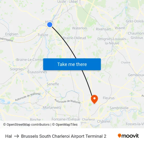 Hal to Brussels South Charleroi Airport Terminal 2 map