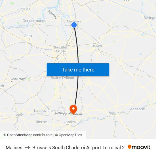 Malines to Brussels South Charleroi Airport Terminal 2 map