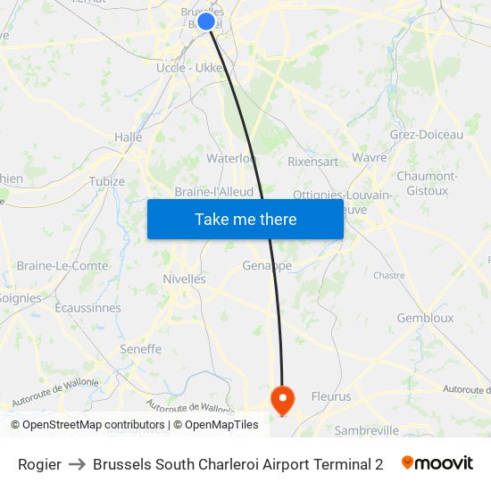 Rogier to Brussels South Charleroi Airport Terminal 2 map