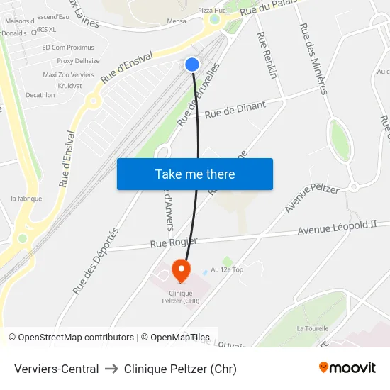 Verviers-Central to Clinique Peltzer (Chr) map
