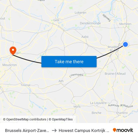 Brussels Airport-Zaventem to Howest Campus Kortrijk Weide map