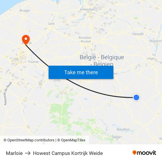 Marloie to Howest Campus Kortrijk Weide map
