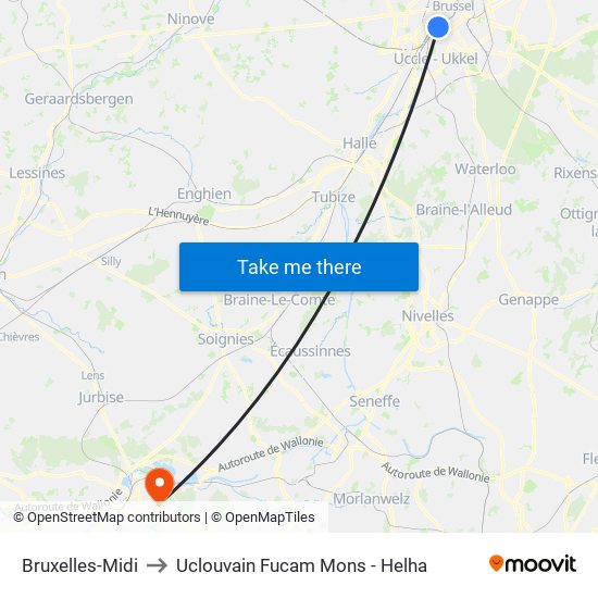 Bruxelles-Midi to Uclouvain Fucam Mons - Helha map