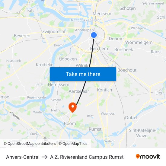 Anvers-Central to A.Z. Rivierenland Campus Rumst map