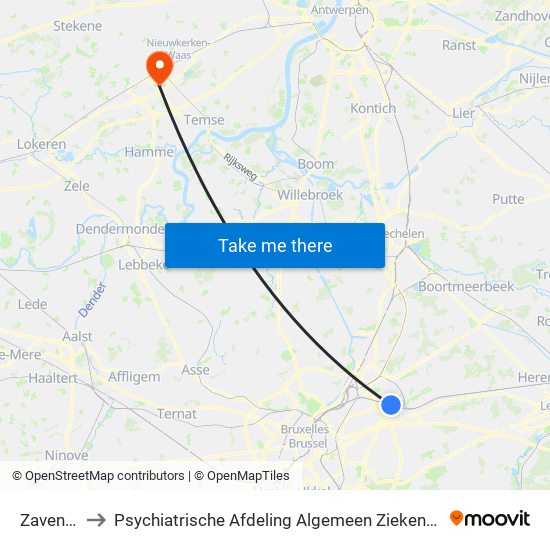 Zaventem to Psychiatrische Afdeling Algemeen Ziekenhuis Nikolaas map