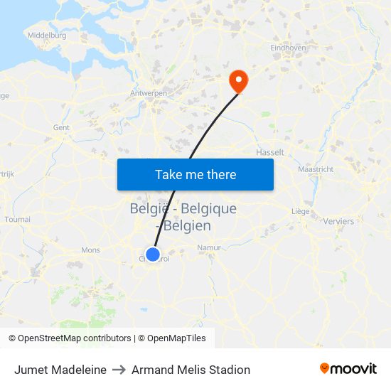 Jumet Madeleine to Armand Melis Stadion map