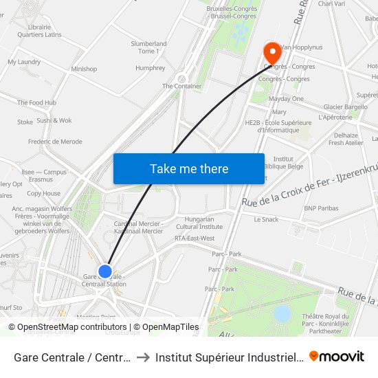 Gare Centrale / Centraal Station to Institut Supérieur Industriel De Bruxelles map