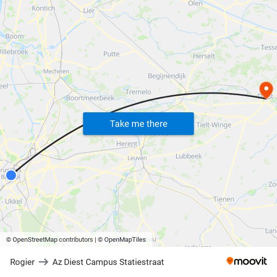 Rogier to Az Diest Campus Statiestraat map