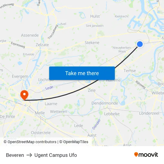 Beveren to Ugent Campus Ufo map