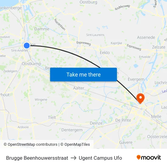 Brugge Beenhouwersstraat to Ugent Campus Ufo map
