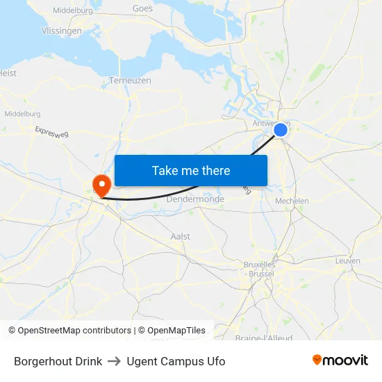 Borgerhout Drink to Ugent Campus Ufo map
