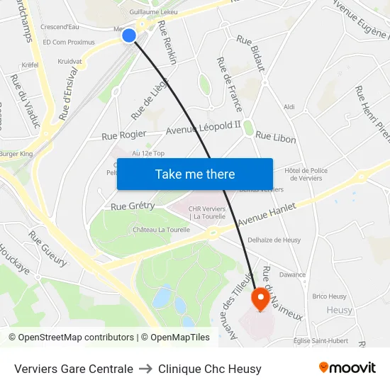 Verviers Gare Centrale to Clinique Chc Heusy map