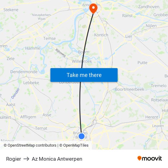 Rogier to Az Monica Antwerpen map