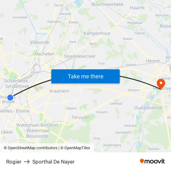 Rogier to Sporthal De Nayer map