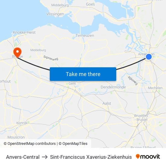 Anvers-Central to Sint-Franciscus Xaverius-Ziekenhuis map