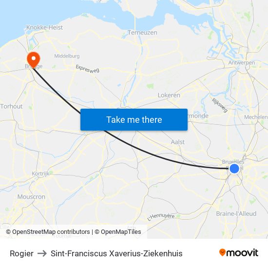Rogier to Sint-Franciscus Xaverius-Ziekenhuis map