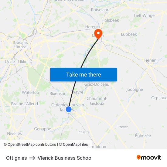 Ottignies to Vlerick Business School map