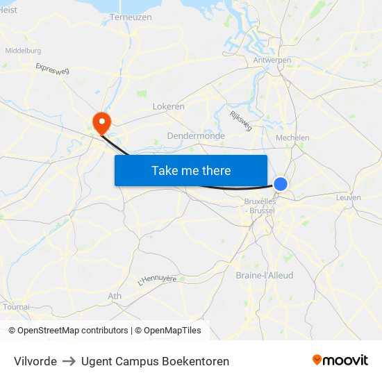 Vilvorde to Ugent Campus Boekentoren map