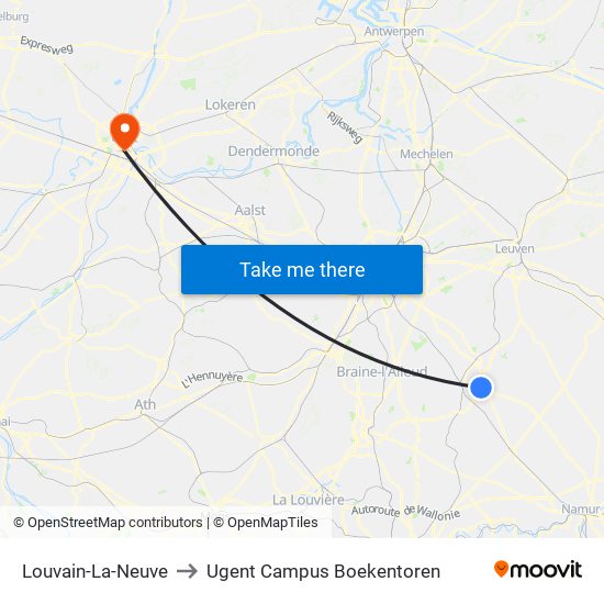 Louvain-La-Neuve to Ugent Campus Boekentoren map