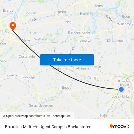 Bruxelles-Midi to Ugent Campus Boekentoren map