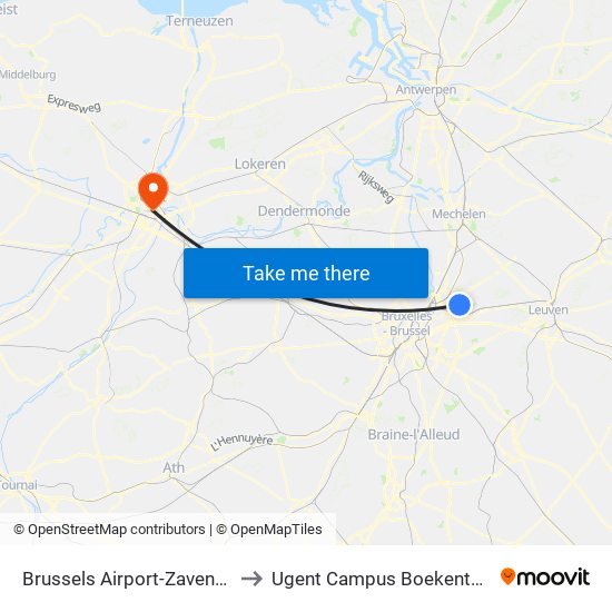 Brussels Airport-Zaventem to Ugent Campus Boekentoren map