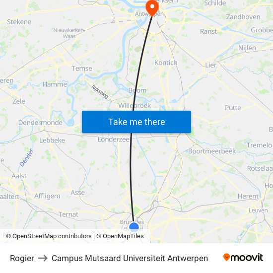 Rogier to Campus Mutsaard Universiteit Antwerpen map