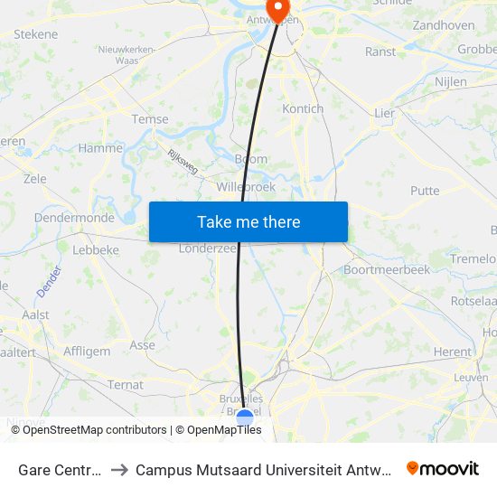 Gare Centrale to Campus Mutsaard Universiteit Antwerpen map