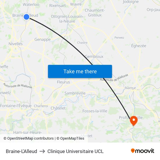 Braine-L'Alleud to Clinique Universitaire UCL map