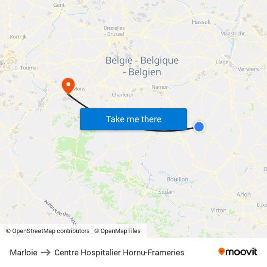 Marloie to Centre Hospitalier Hornu-Frameries map