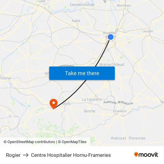 Rogier to Centre Hospitalier Hornu-Frameries map