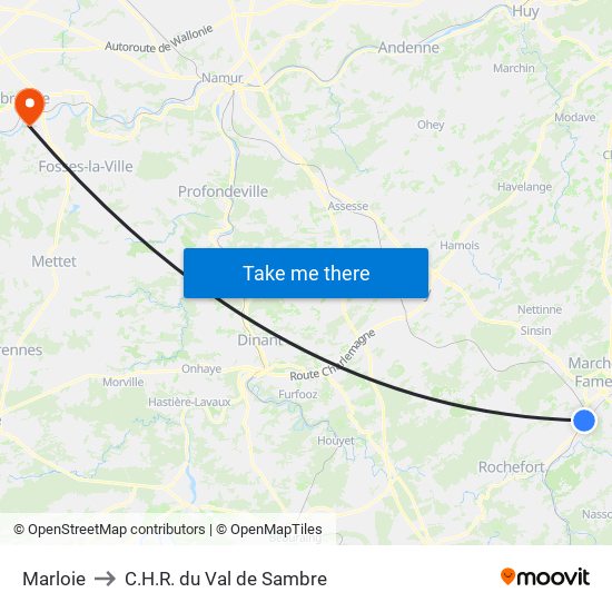 Marloie to C.H.R. du Val de Sambre map