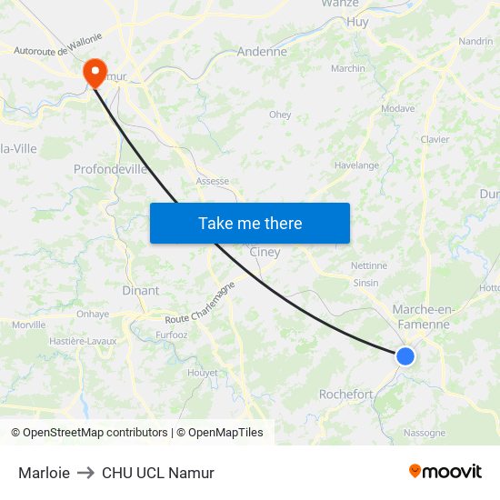 Marloie to CHU UCL Namur map
