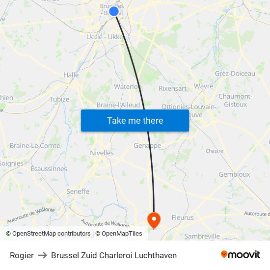 Rogier to Brussel Zuid Charleroi Luchthaven map