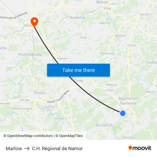 Marloie to C.H. Régional de Namur map
