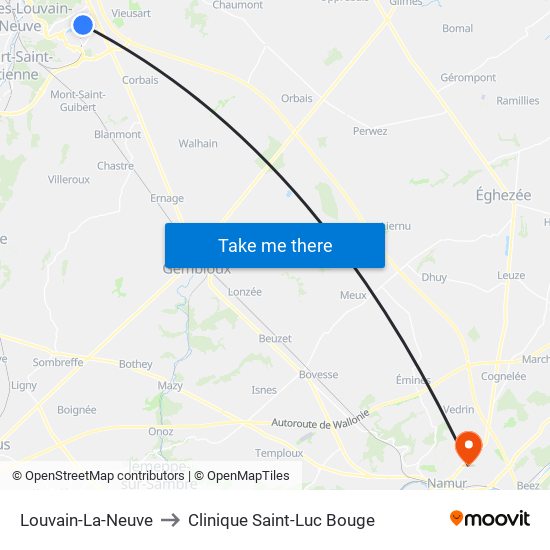 Louvain-La-Neuve to Clinique Saint-Luc Bouge map