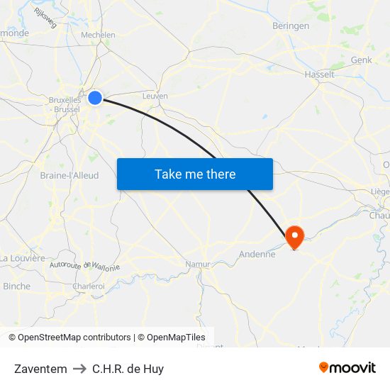 Zaventem to C.H.R. de Huy map