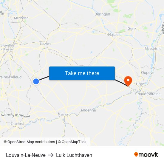 Louvain-La-Neuve to Luik Luchthaven map