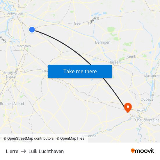 Lierre to Luik Luchthaven map