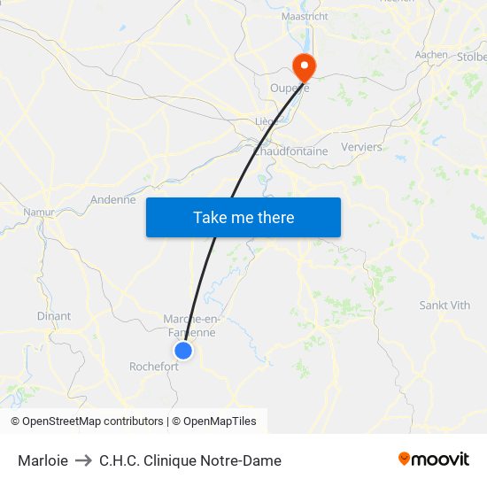 Marloie to C.H.C. Clinique Notre-Dame map