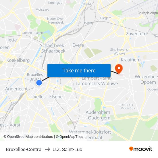 Bruxelles-Central to U.Z. Saint-Luc map