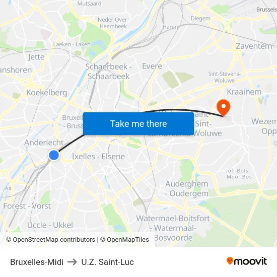 Bruxelles-Midi to U.Z. Saint-Luc map