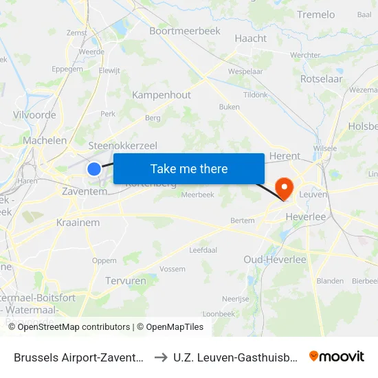 Brussels Airport-Zaventem to U.Z. Leuven-Gasthuisberg map