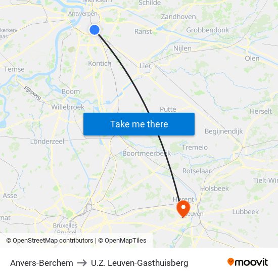 Anvers-Berchem to U.Z. Leuven-Gasthuisberg map