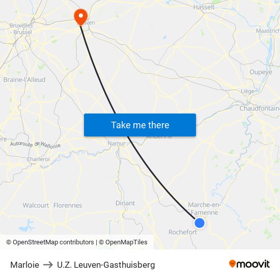 Marloie to U.Z. Leuven-Gasthuisberg map