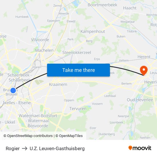 Rogier to U.Z. Leuven-Gasthuisberg map