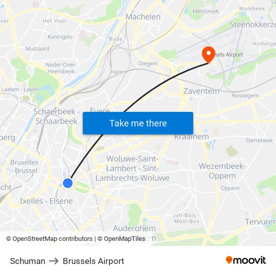 Schuman to Brussels Airport map