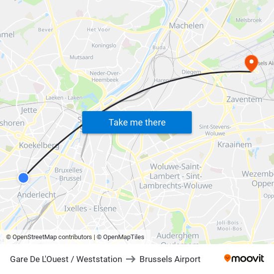 Gare De L'Ouest / Weststation to Brussels Airport map