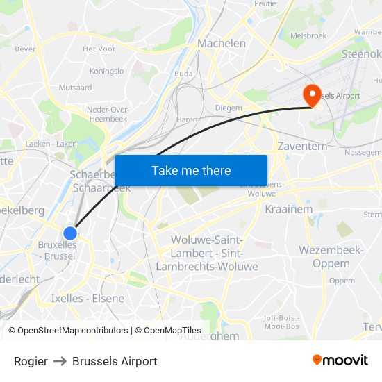 Rogier to Brussels Airport map